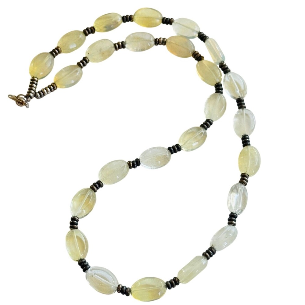 VTG lemon yellow Quartz Necklace beads genuine‎ Natural beaded collar silver 22"